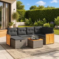 7 Piece Grey Garden Sofa Set with Durable Acacia Wood Table