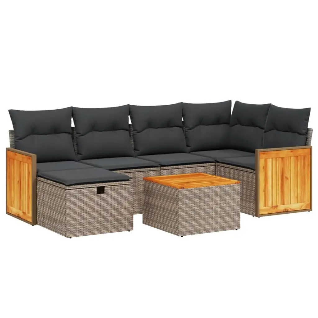 7 Piece Garden Sofa Set Poly Rattan Outdoor Furniture Acacia Wood Table Grey Cushions