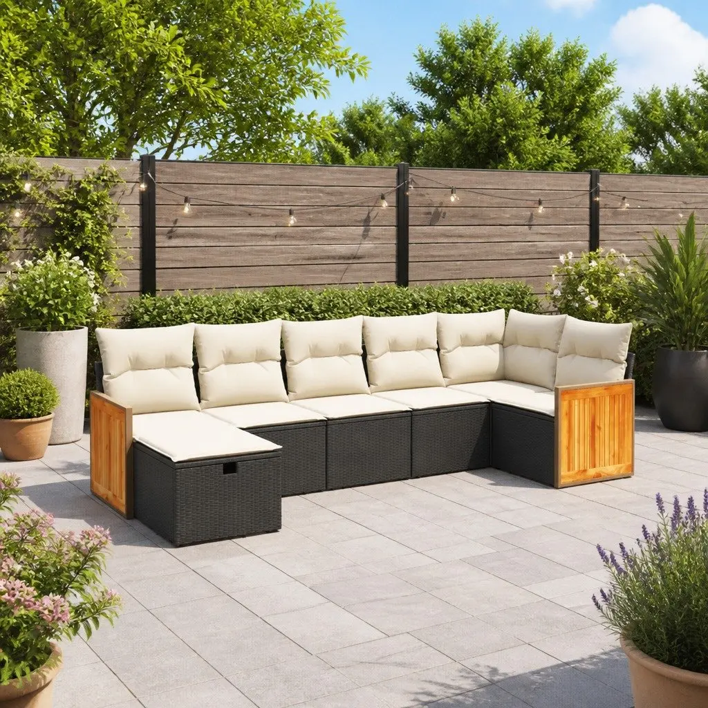 7 Piece Garden Sofa Set PE Rattan Modular Outdoor Furniture Black with Cushions