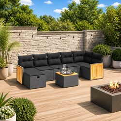 8-Piece Black Poly Rattan Garden Sofa Set with Cushions