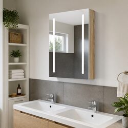 Wall-Mounted LED Mirror Cabinet with Storage in White Oak