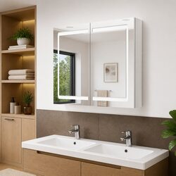 LED Mirror Cabinet for Bathroom Storage - Wall Mounted, White 80x12x68cm