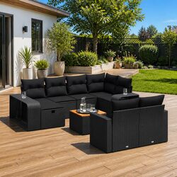 11-Piece Modular Patio Sofa Set in Black Poly Rattan