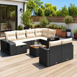 11-Piece Black Poly Rattan Outdoor Garden Sofa Set