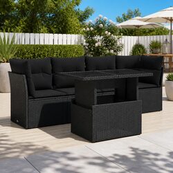 5-Piece Black Poly Rattan Outdoor Sofa Set with Cushions