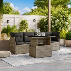 5 Piece Grey Poly Rattan Garden Sofa Set with Cushions