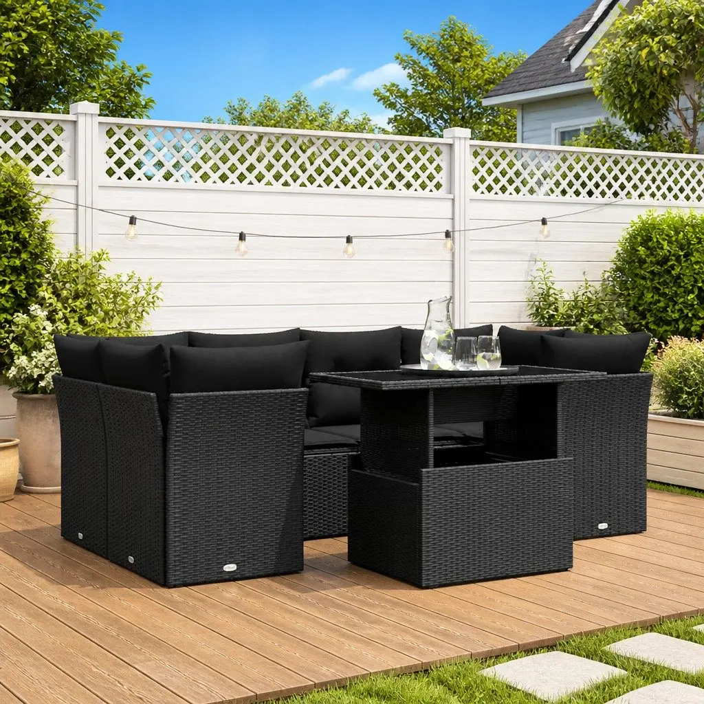 7-Piece Modular Black Rattan Sofa Set with Cushions
