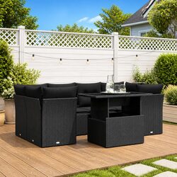 7-Piece Modular Black Rattan Sofa Set with Cushions