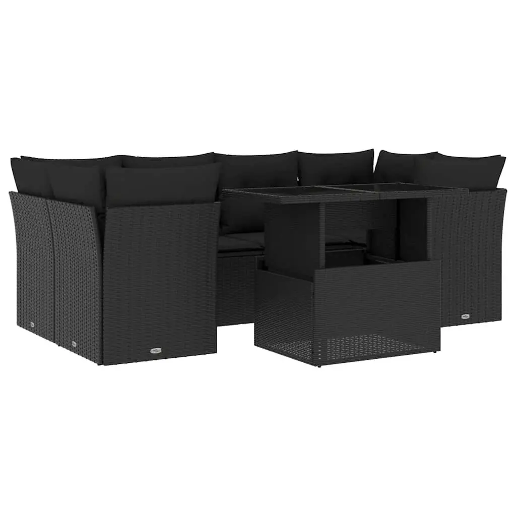 7-Piece Modular Black Rattan Sofa Set with Cushions