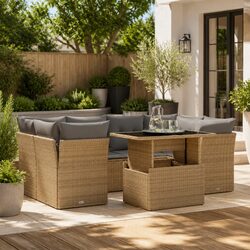 Beige Poly Rattan 7 Piece Outdoor Sofa Set with Cushions