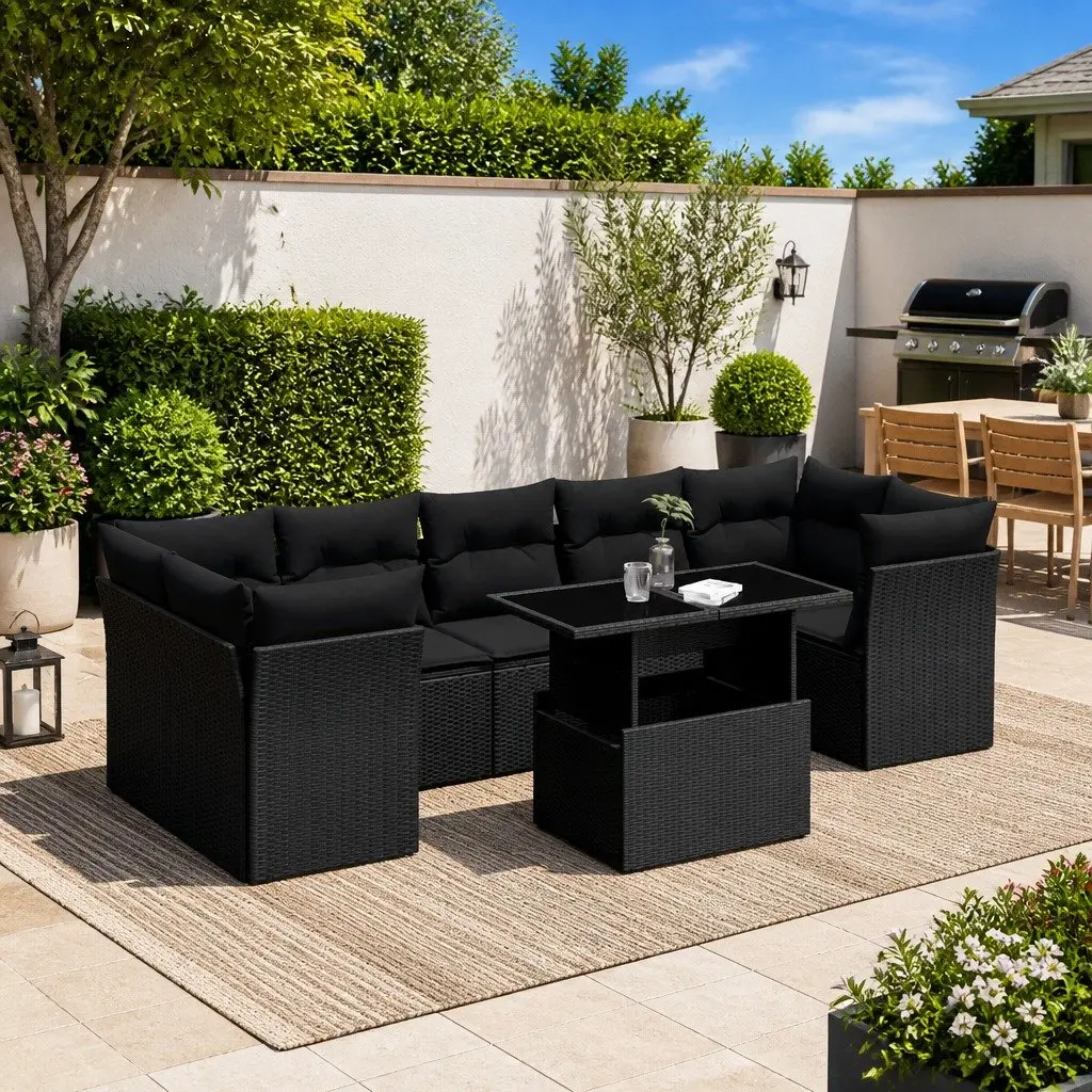 Garden Sofa Set PE Rattan 8 Piece Modular Outdoor Furniture with Cushions Black