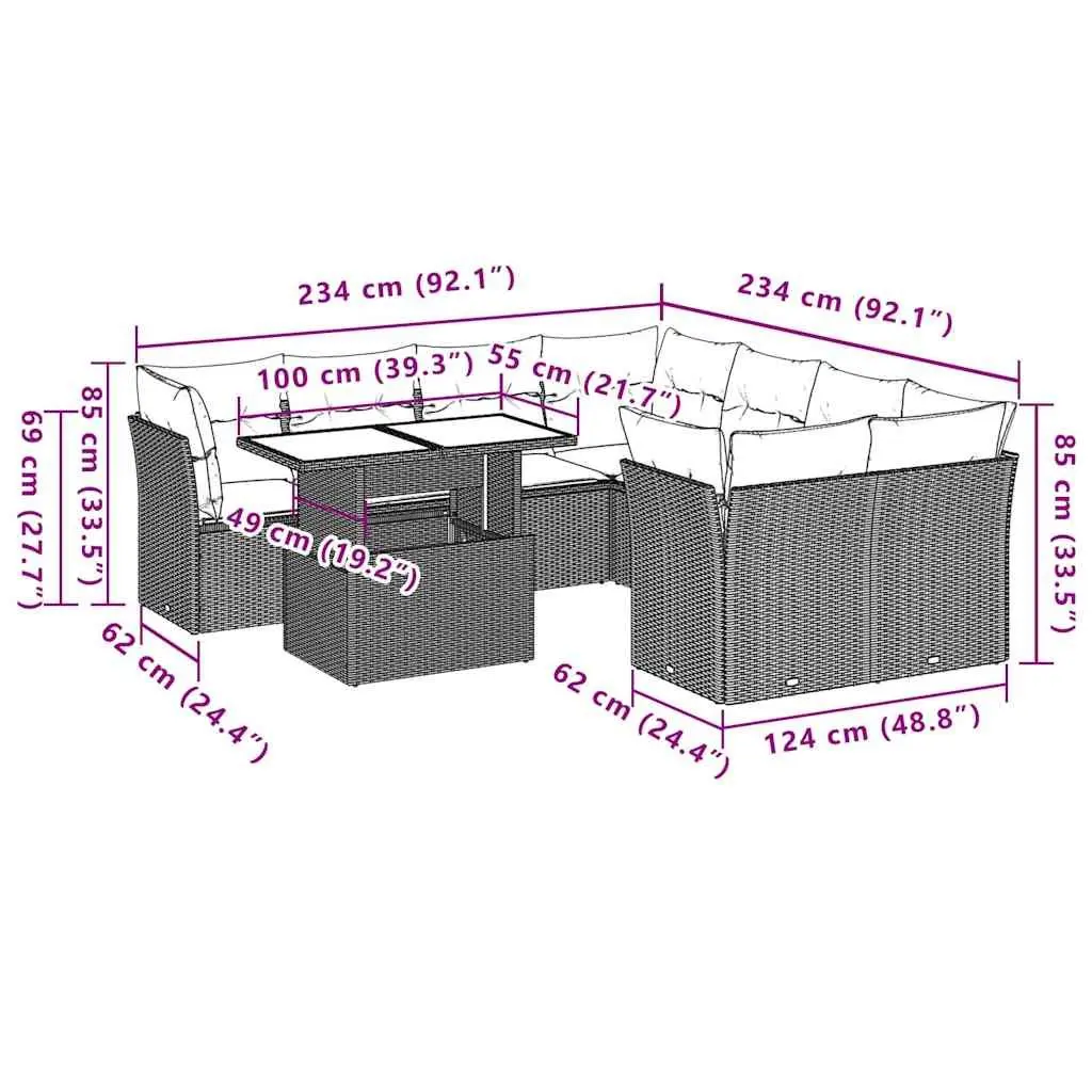 9 Piece Garden Sofa Set Outdoor Furniture Black Poly Rattan with Cushions Patio