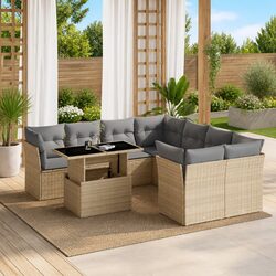 9 Piece Outdoor Garden Sofa Set in Beige Poly Rattan