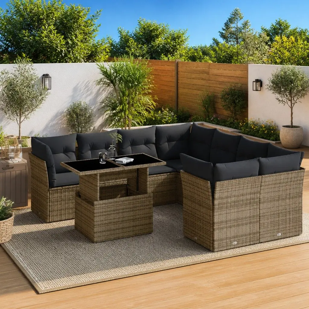 9-Piece Outdoor Patio Furniture Set in Grey Poly Rattan