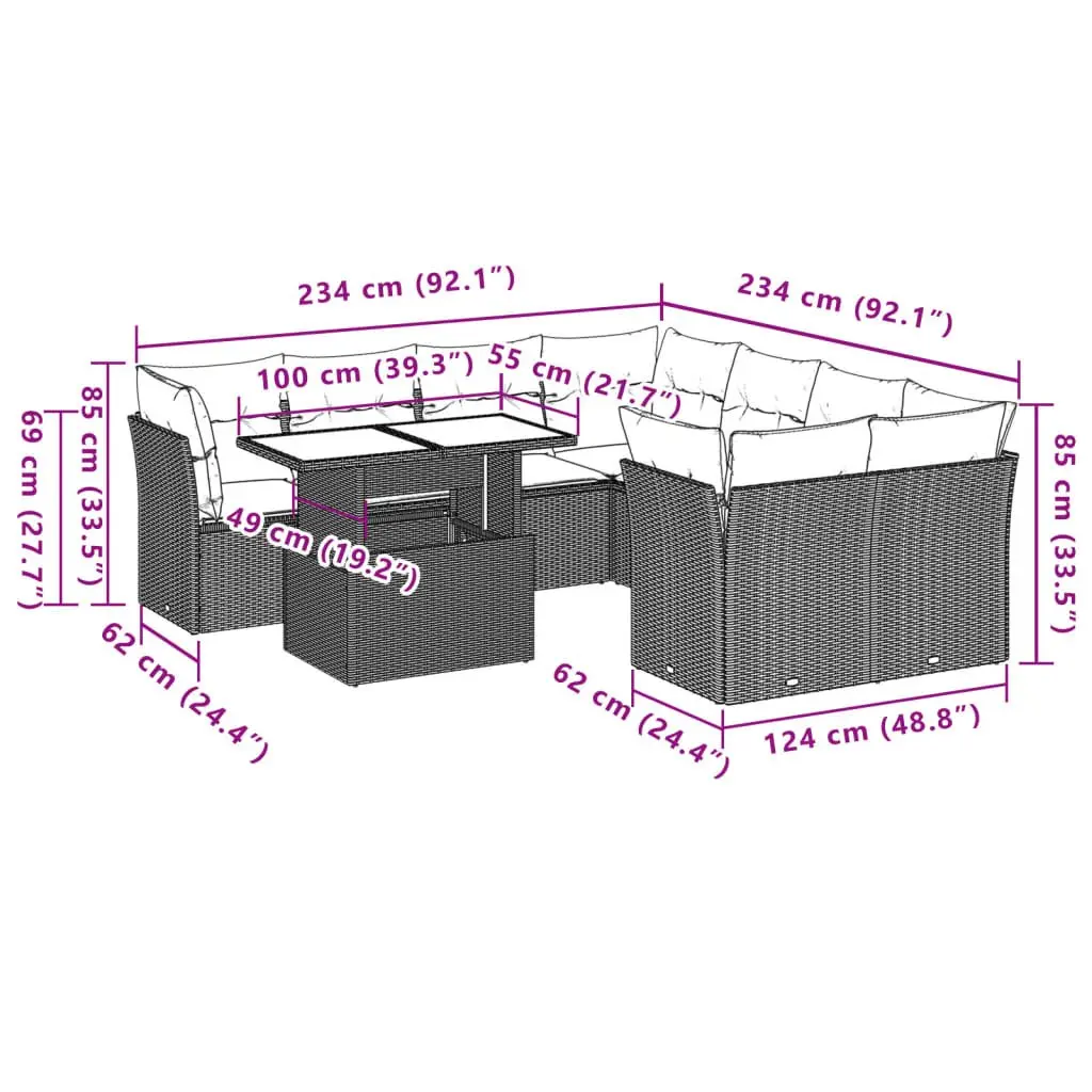 9-Piece Outdoor Patio Furniture Set in Grey Poly Rattan