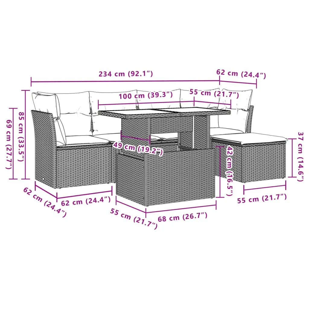 Black Modular 6 Piece Garden Sofa Set for Outdoor Use