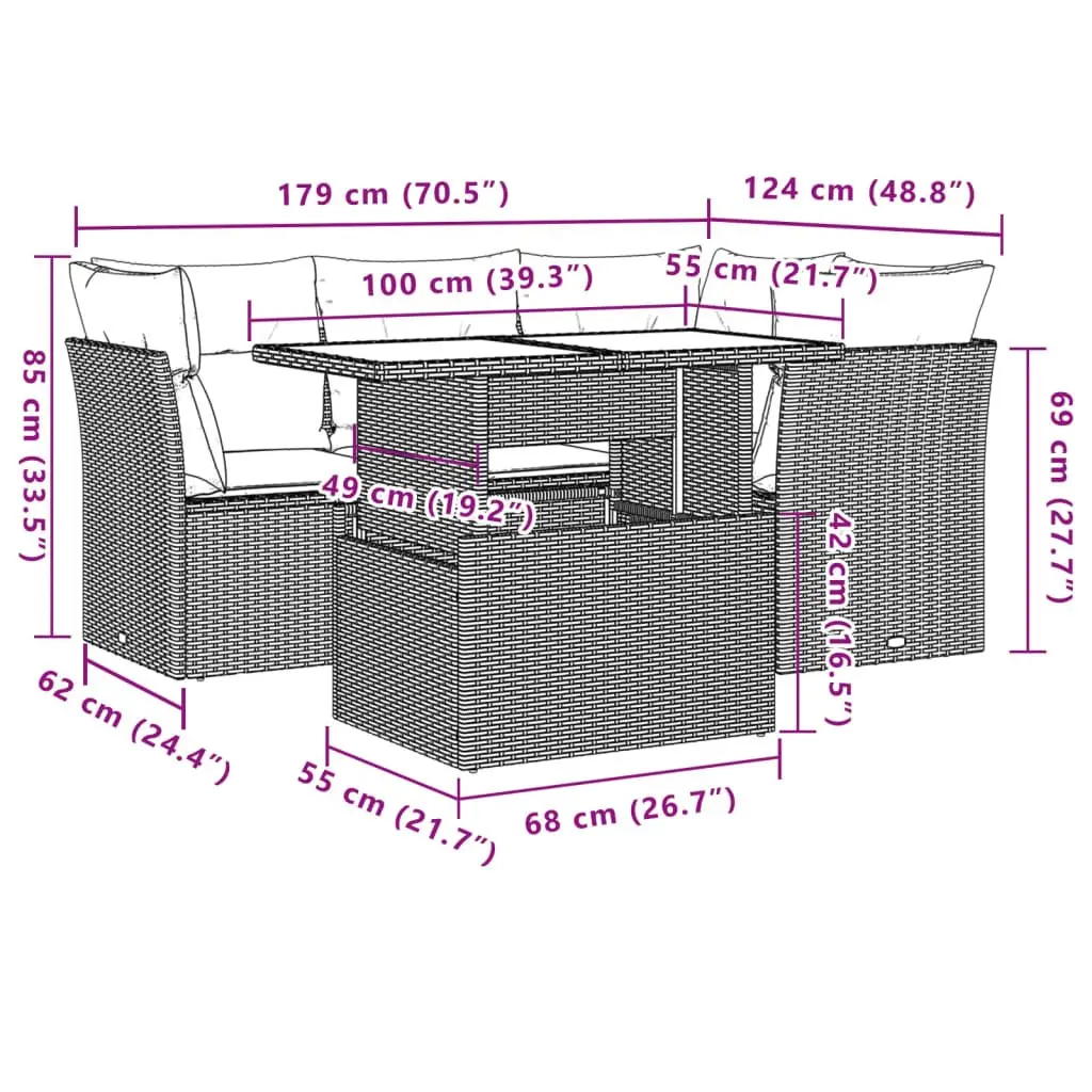 5-Piece Modular Grey Poly Rattan Garden Sofa Set