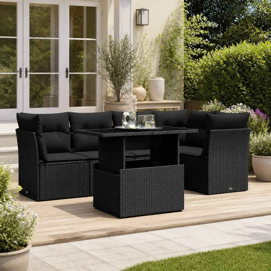 6 Piece Garden Sofa Set PE Rattan Black with Cushions