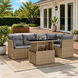 Beige Poly Rattan 6 Piece Garden Sofa Set with Cushions
