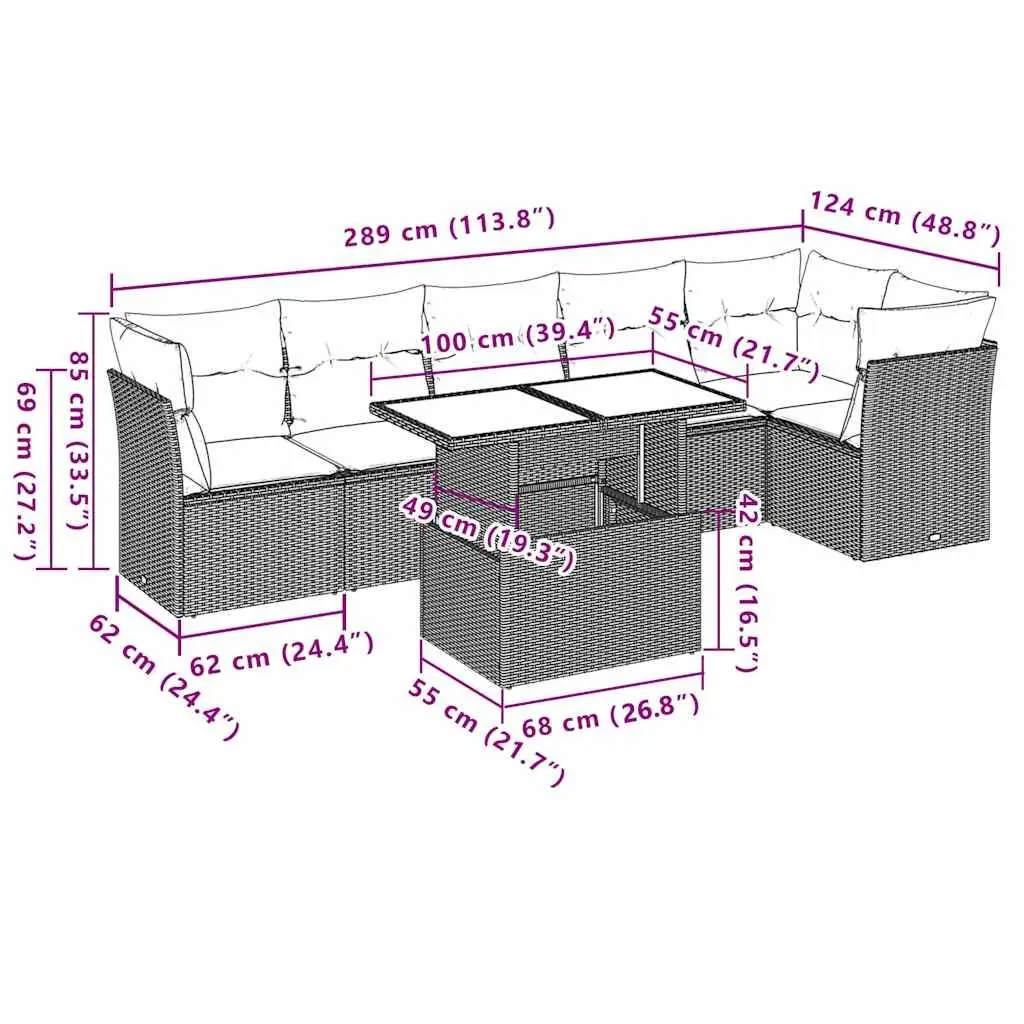 7 Piece Black Garden Sofa Set with Adjustable Table