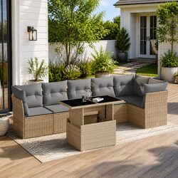 Beige 7 Piece Modular Outdoor Sofa Set with Cushions