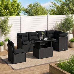 7 Piece Garden Sofa Set Outdoor Patio Furniture Black PE Rattan with Cushions