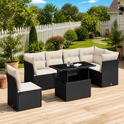 7 Piece Black Poly Rattan Garden Sofa Set with Cushions