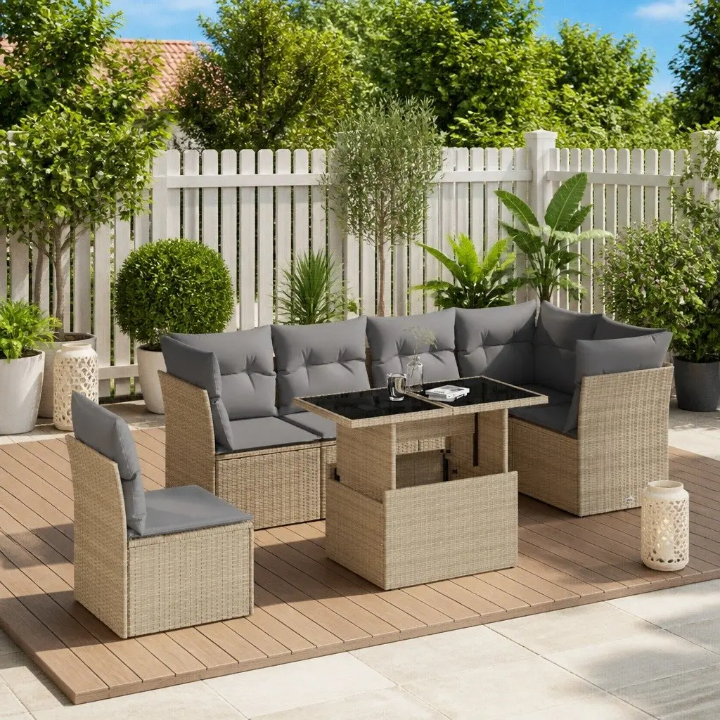 Beige Modular 7 Piece Garden Sofa Set with Cushions