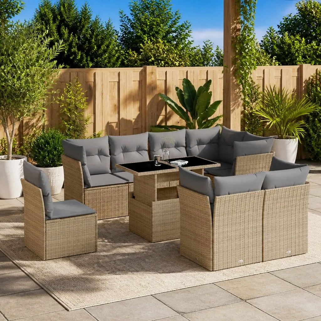 Garden Sofa Set 9 Piece Outdoor Furniture Beige Poly Rattan Patio Seating