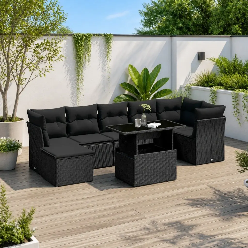 Modular Black Rattan 8-Piece Garden Sofa Set