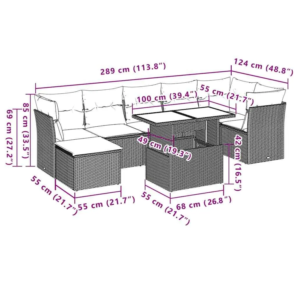 Modular Black Rattan 8-Piece Garden Sofa Set