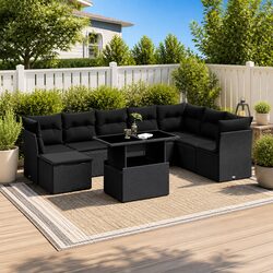 Sturdy 9 Piece Black Poly Rattan Garden Sofa Set