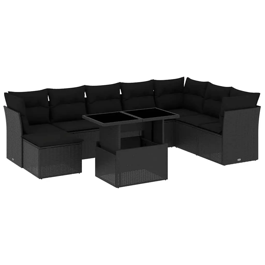 9 Piece Black Poly Rattan Garden Sofa Set