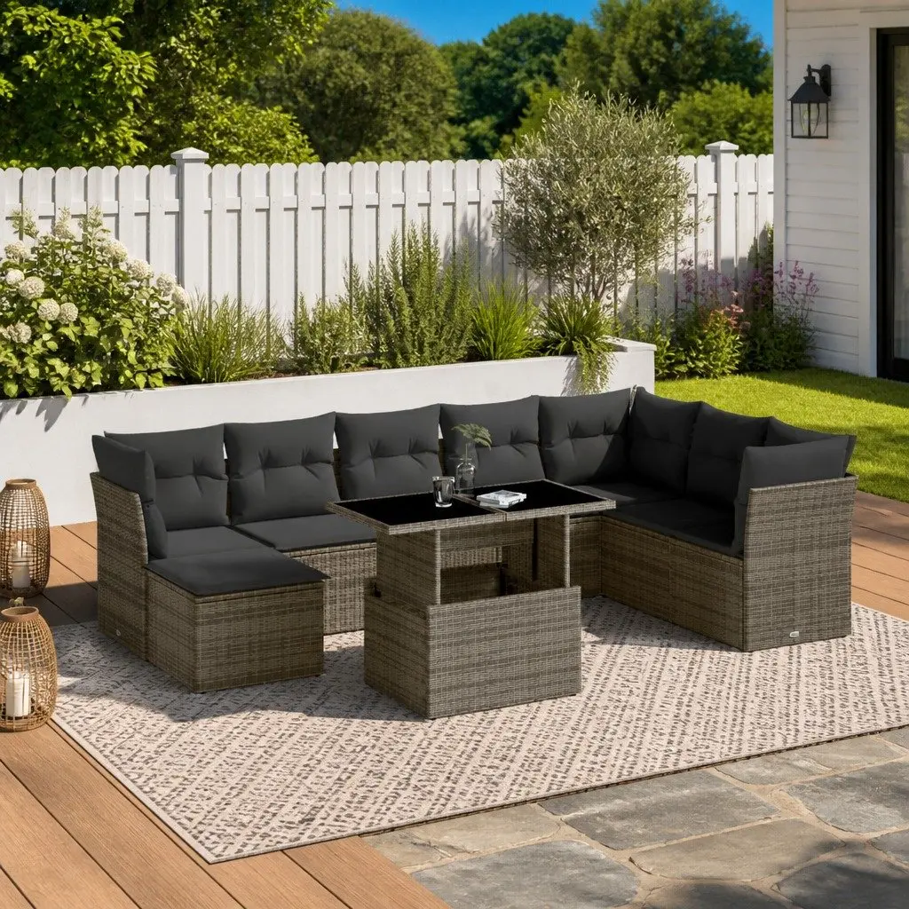 9 Piece Grey Poly Rattan Garden Sofa Set