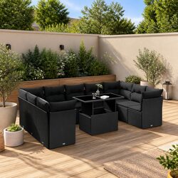 10-Piece Black Poly Rattan Garden Sofa Set with Cushions