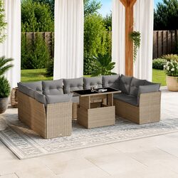10-Piece Beige Outdoor Rattan Sofa Set with Cushions