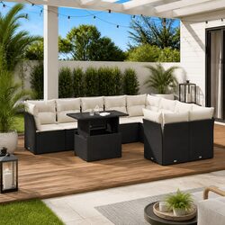 10-Piece Modular Black Poly Rattan Garden Sofa Set