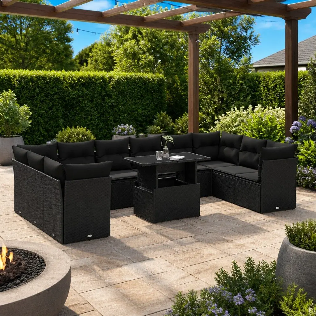 11 Piece Black Patio Sofa Set with Cushions