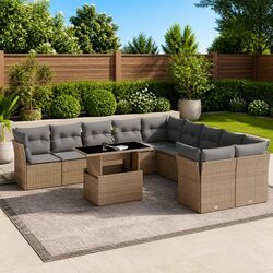 Beige Poly Rattan Outdoor Sofa Set 11 Pieces with Cushions