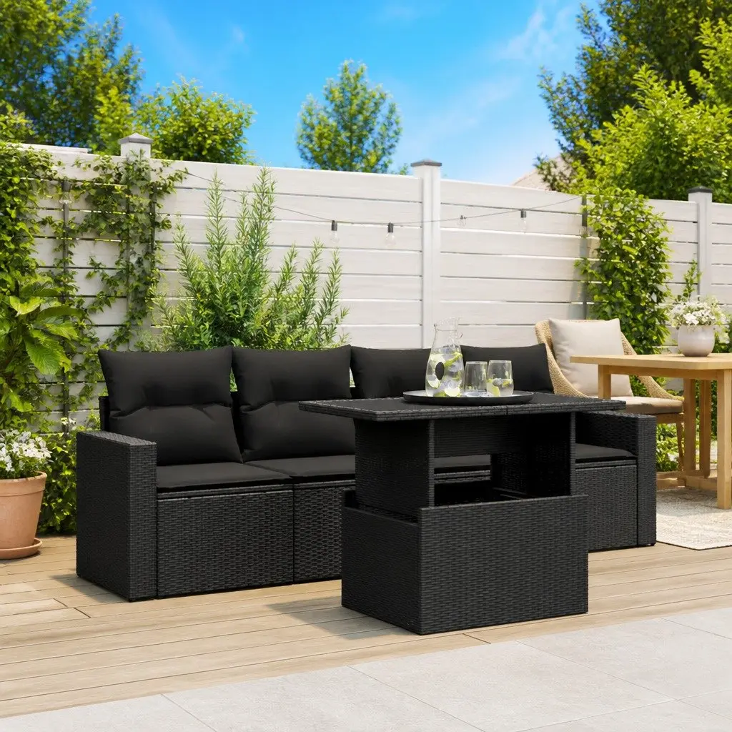 5 Piece Black Poly Rattan Garden Sofa Set