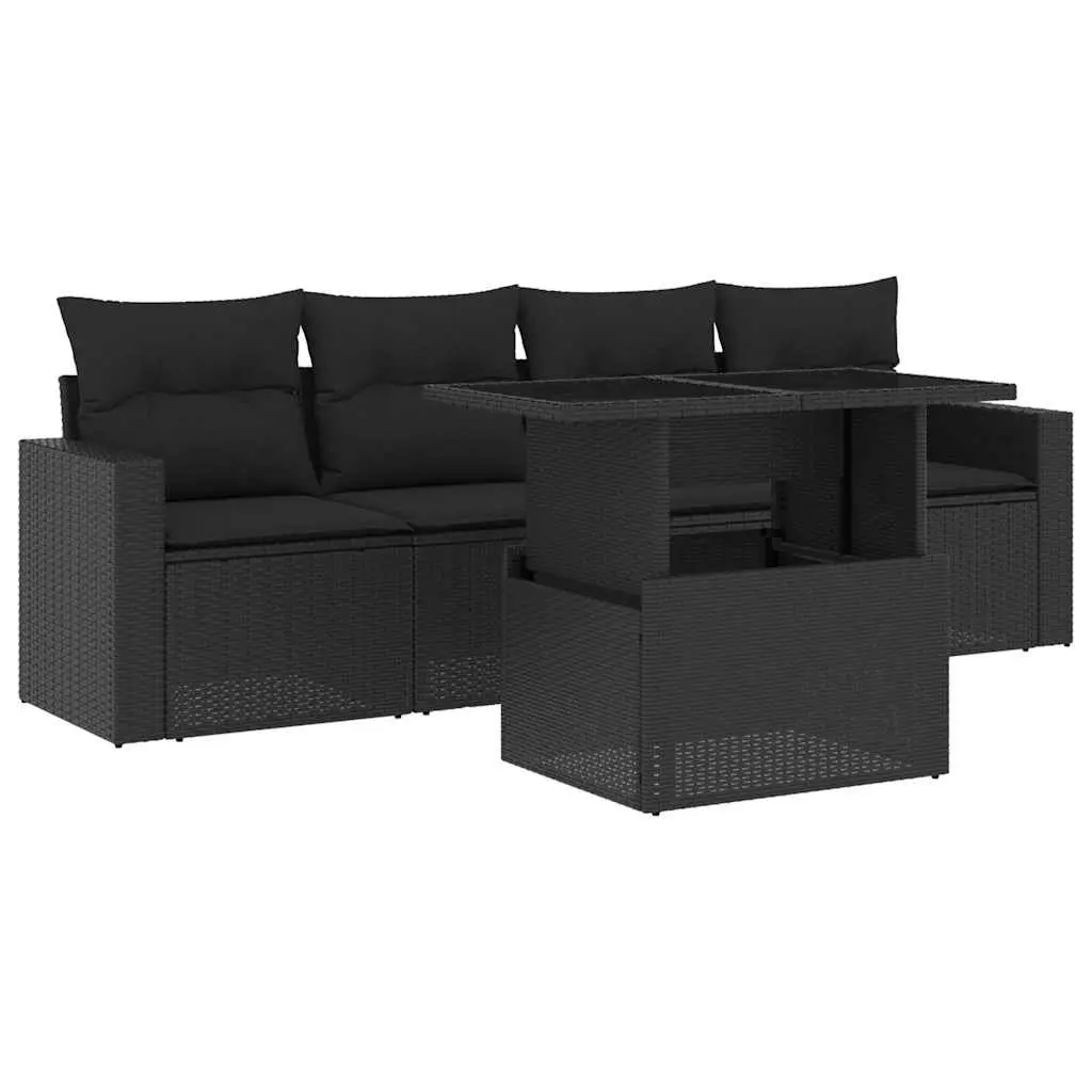 5 Piece Black Poly Rattan Garden Sofa Set