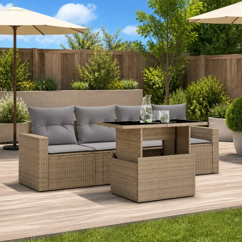 5 Piece Outdoor Garden Sofa Set PE Rattan Beige Modular Furniture with Cushions