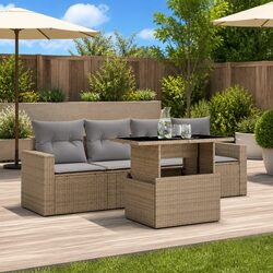5-Piece Beige Poly Rattan Outdoor Sofa Set with Cushions
