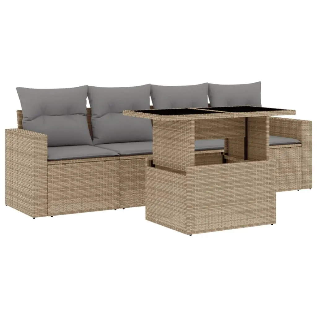 5 Piece Outdoor Garden Sofa Set PE Rattan Beige Modular Furniture with Cushions