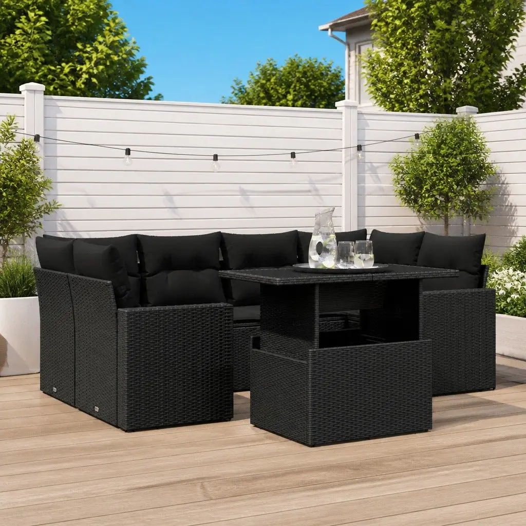 Garden Sofa Set PE Rattan 7 Piece Outdoor Furniture Black