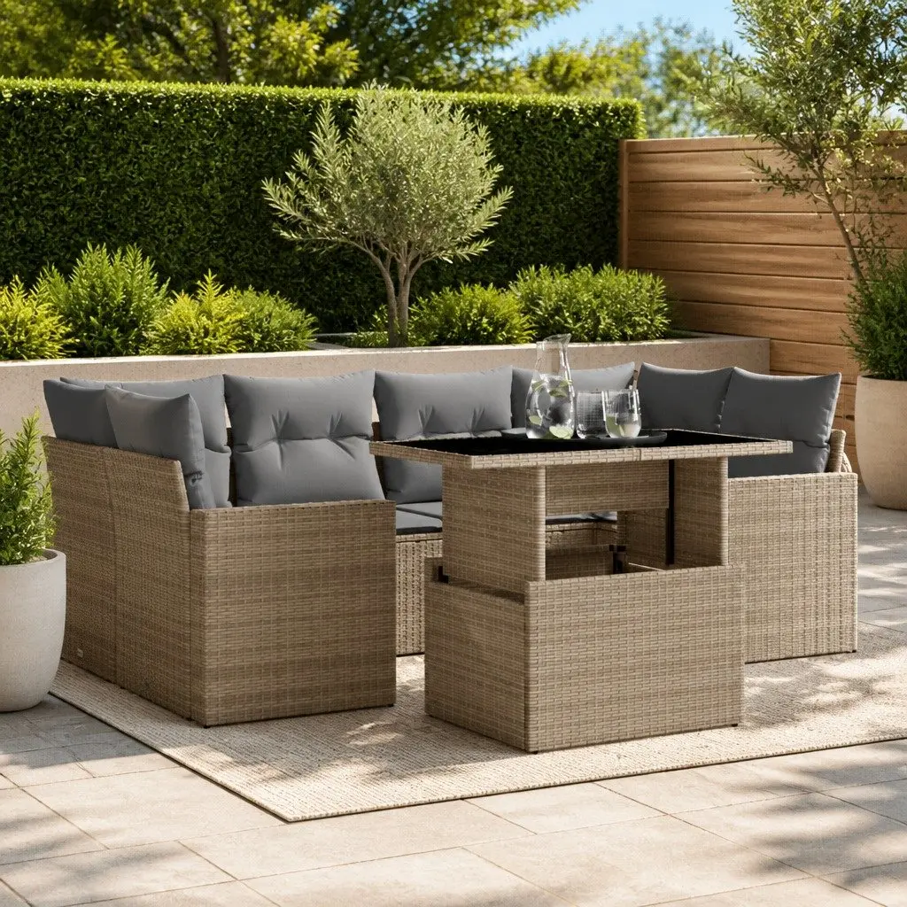 7 Piece Outdoor Garden Sofa Set PE Rattan Beige Cushions Adjustable Dining Table