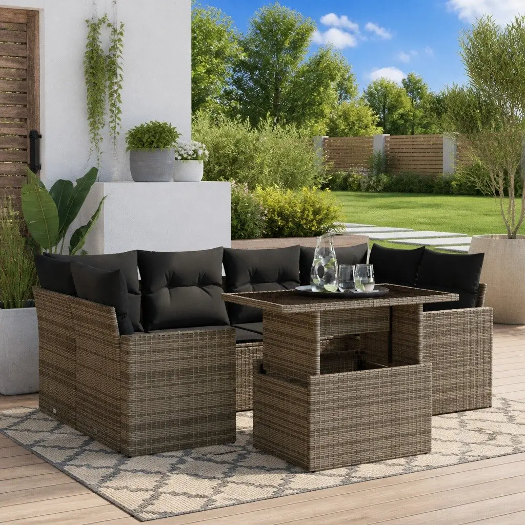 7 Piece Grey Garden Sofa Set with Cushions