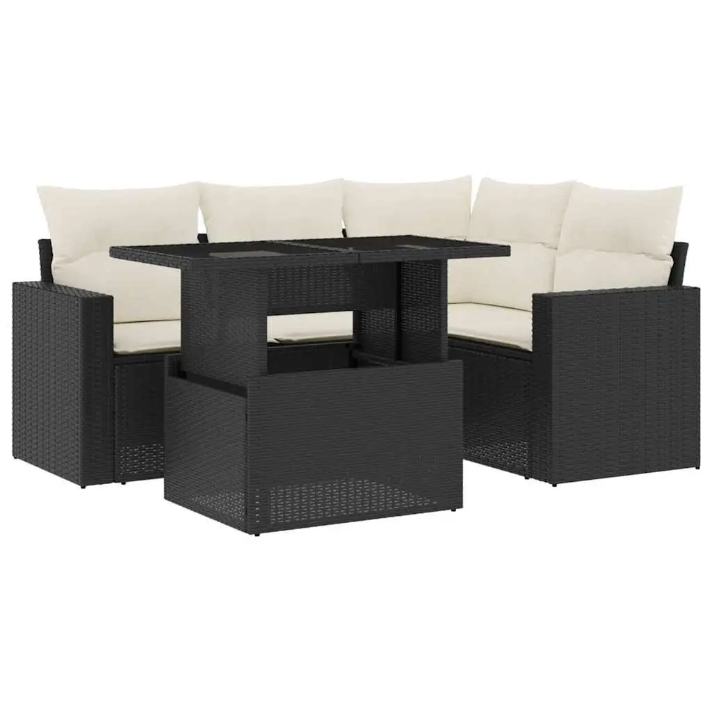 5 Piece Garden Sofa Set PE Rattan Black with Cushions