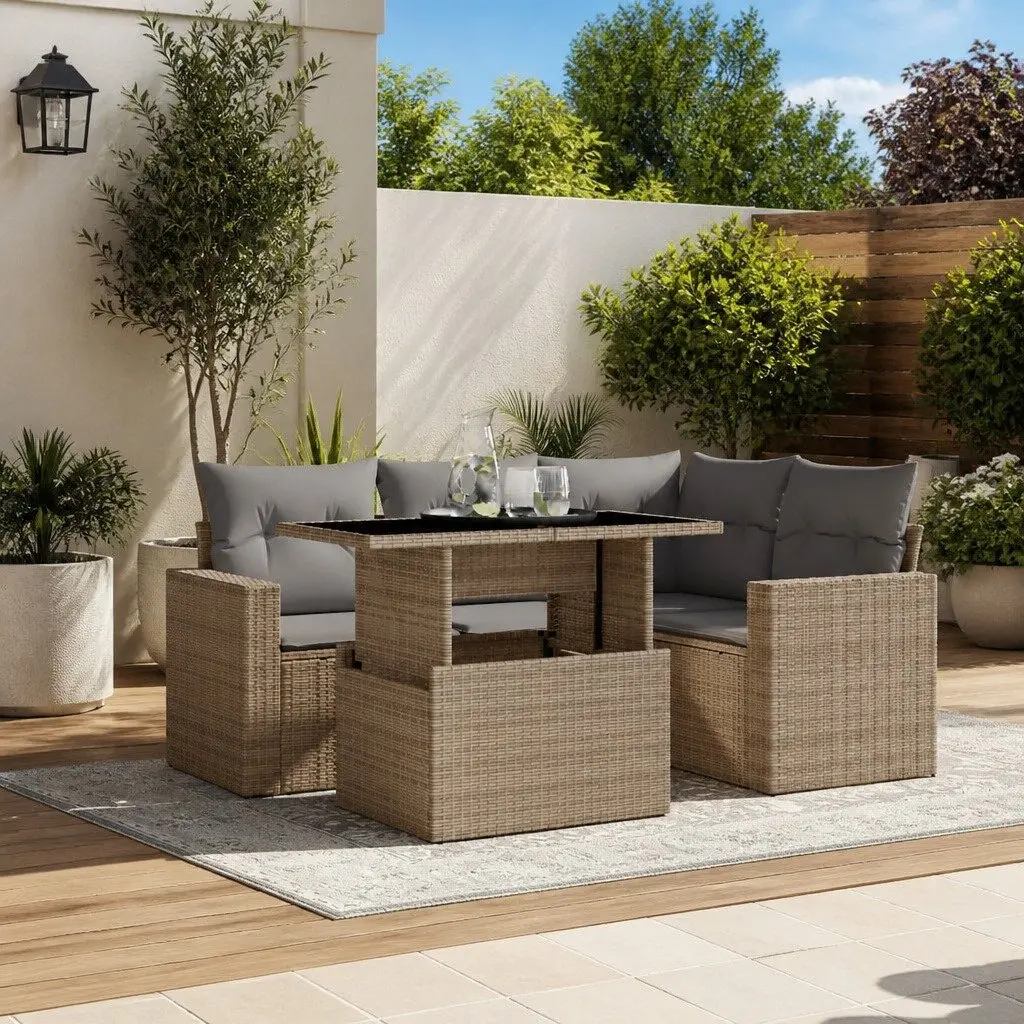 5 Piece Outdoor Garden Sofa Set PE Rattan Beige with Cushions