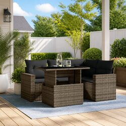 5-Piece Grey Poly Rattan Garden Sofa Set with Cushions